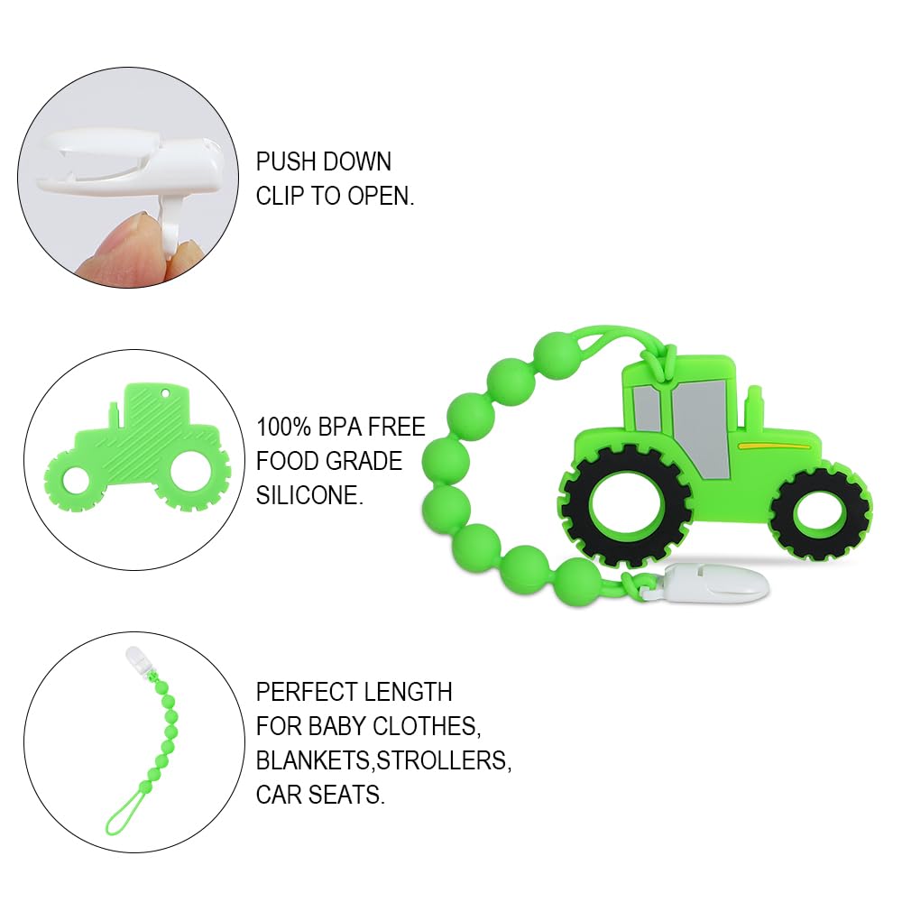 Cuebo tractor teether easy-grip shot for tiny hands during teething.