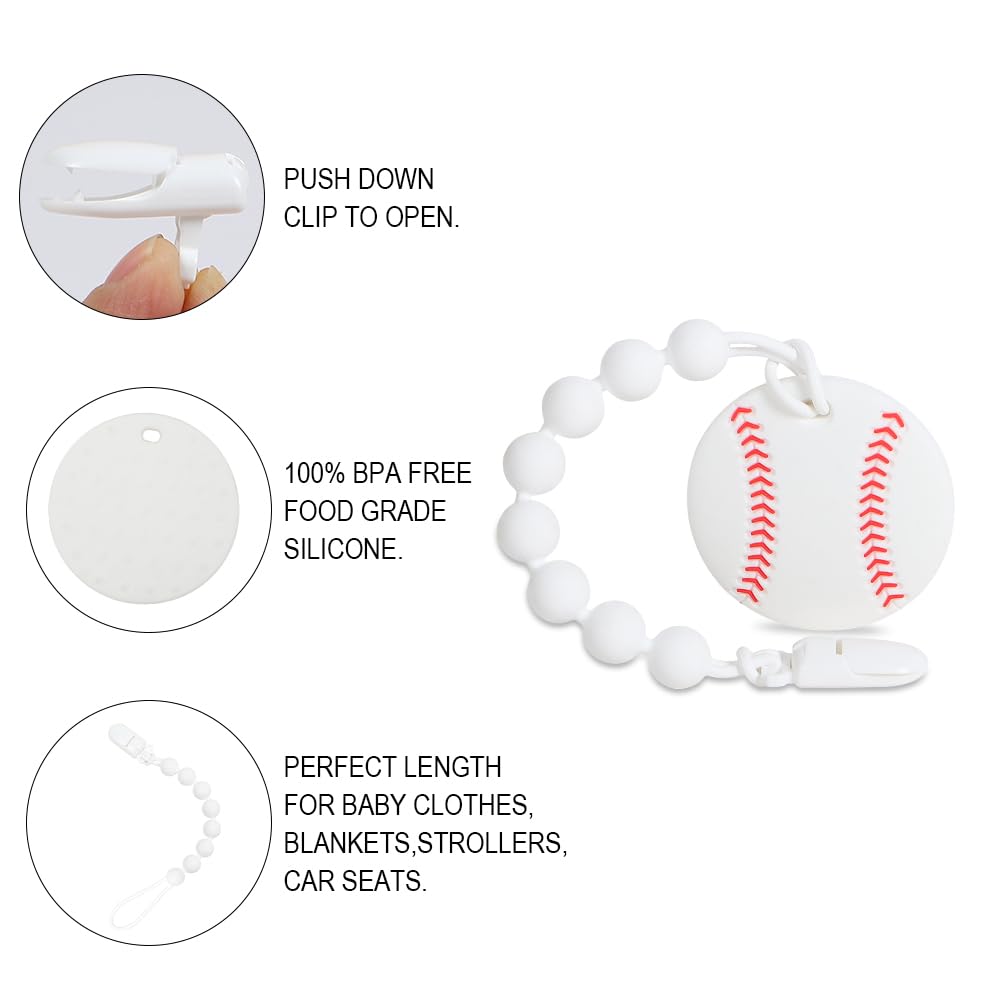 Cuebo baseball teether in baby hand demonstrates easy-grip design for small fingers.