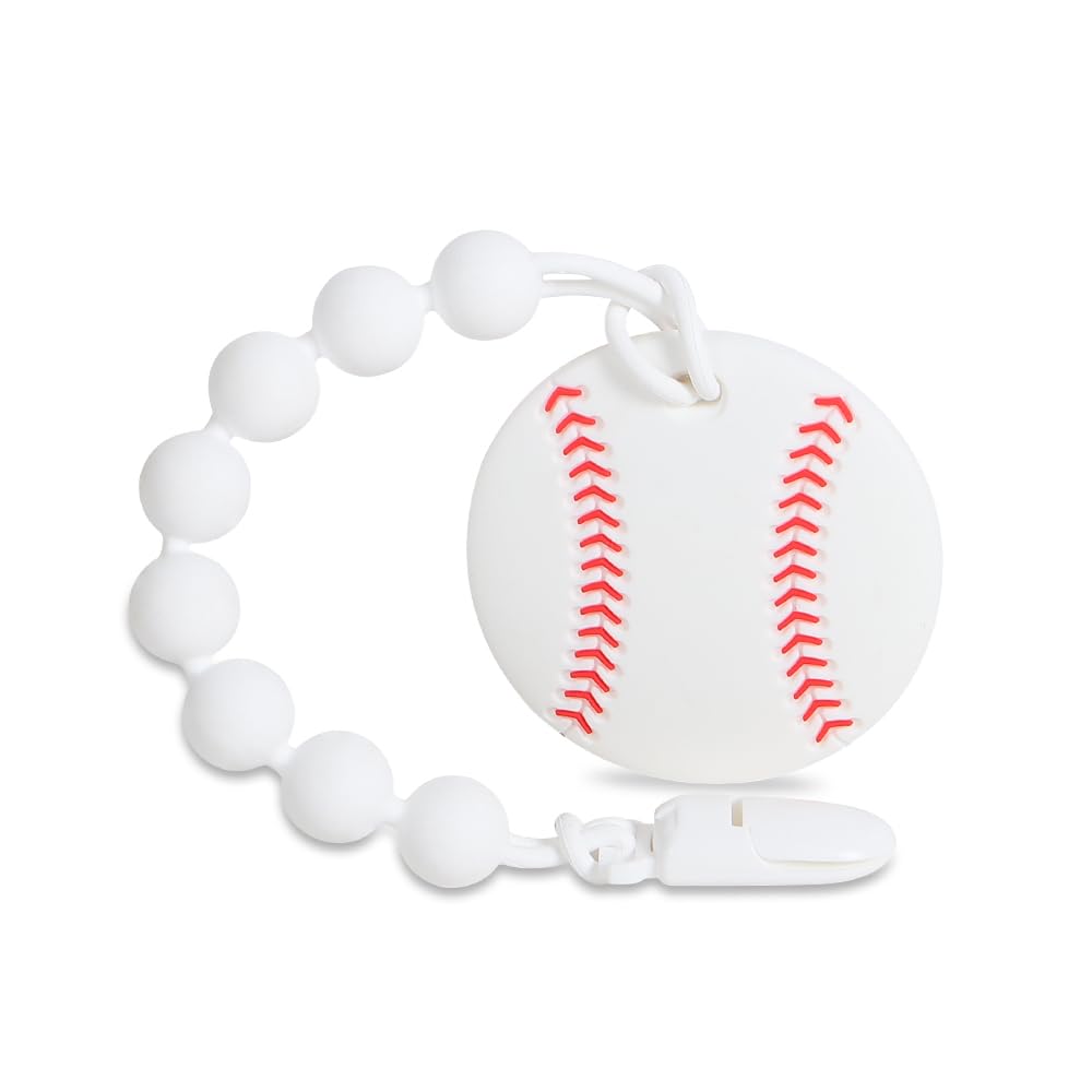 Cuebo baseball teether close-up highlights BPA-free silicone for soothing teething gums.