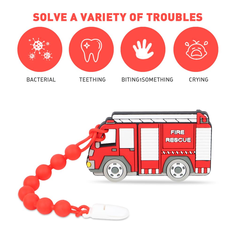 Cuebo Fire Rescue Truck Teether clip demonstrates secure attachment to clothes and gear.
