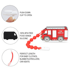 Cuebo Fire Rescue Truck Teether close-up silicone highlights non-toxic material ideal for cold relief.