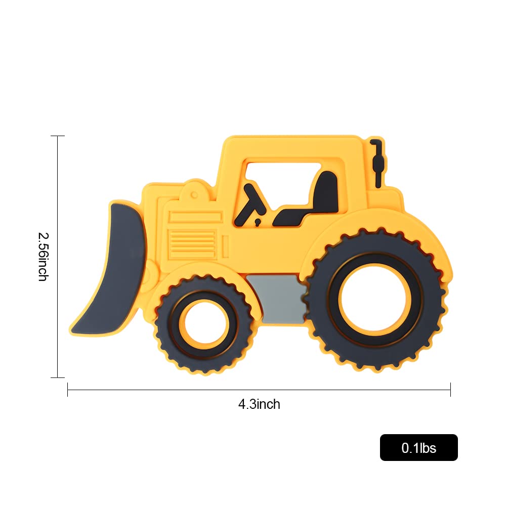 Cuebo food-grade silicone teether yellow bulldozer shown as a safe choice
