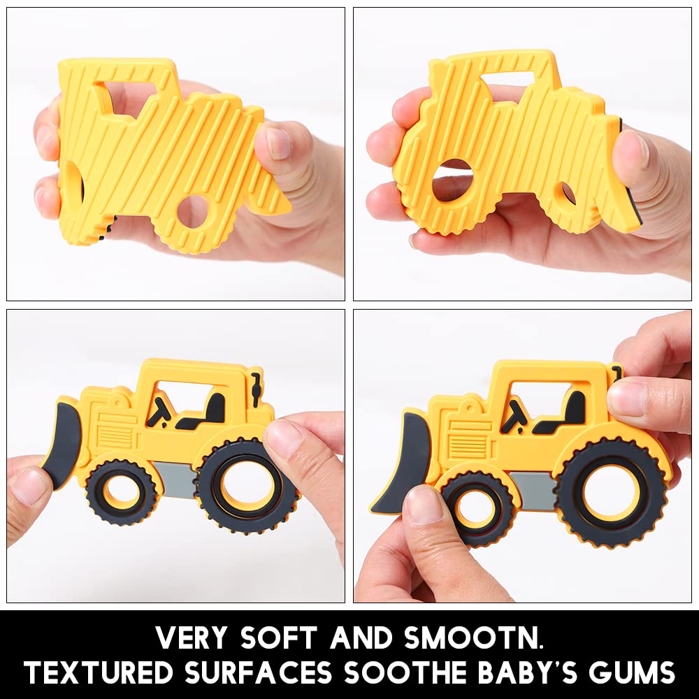 Cuebo freezer-safe teether yellow bulldozer ready for a cool touch