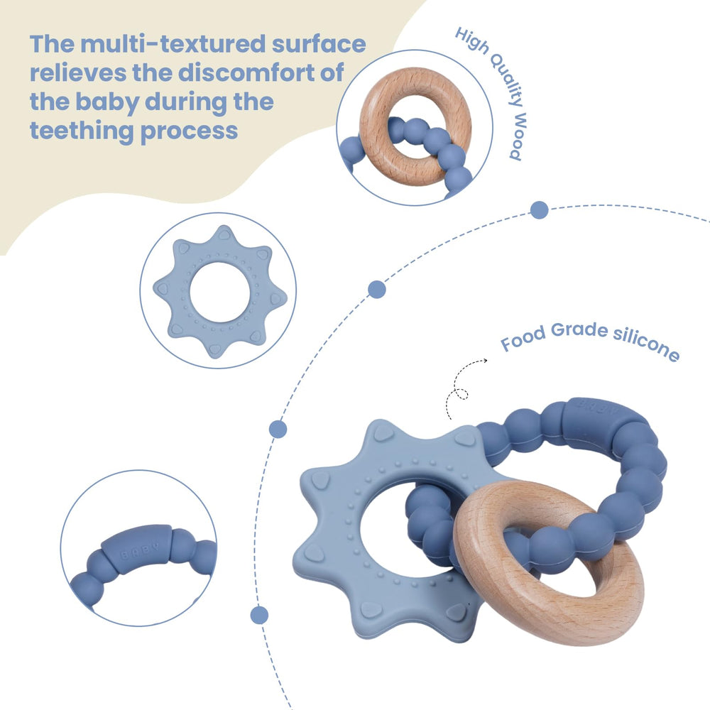Cuebo silicone-wood teether with textured surfaces for sensory exploration