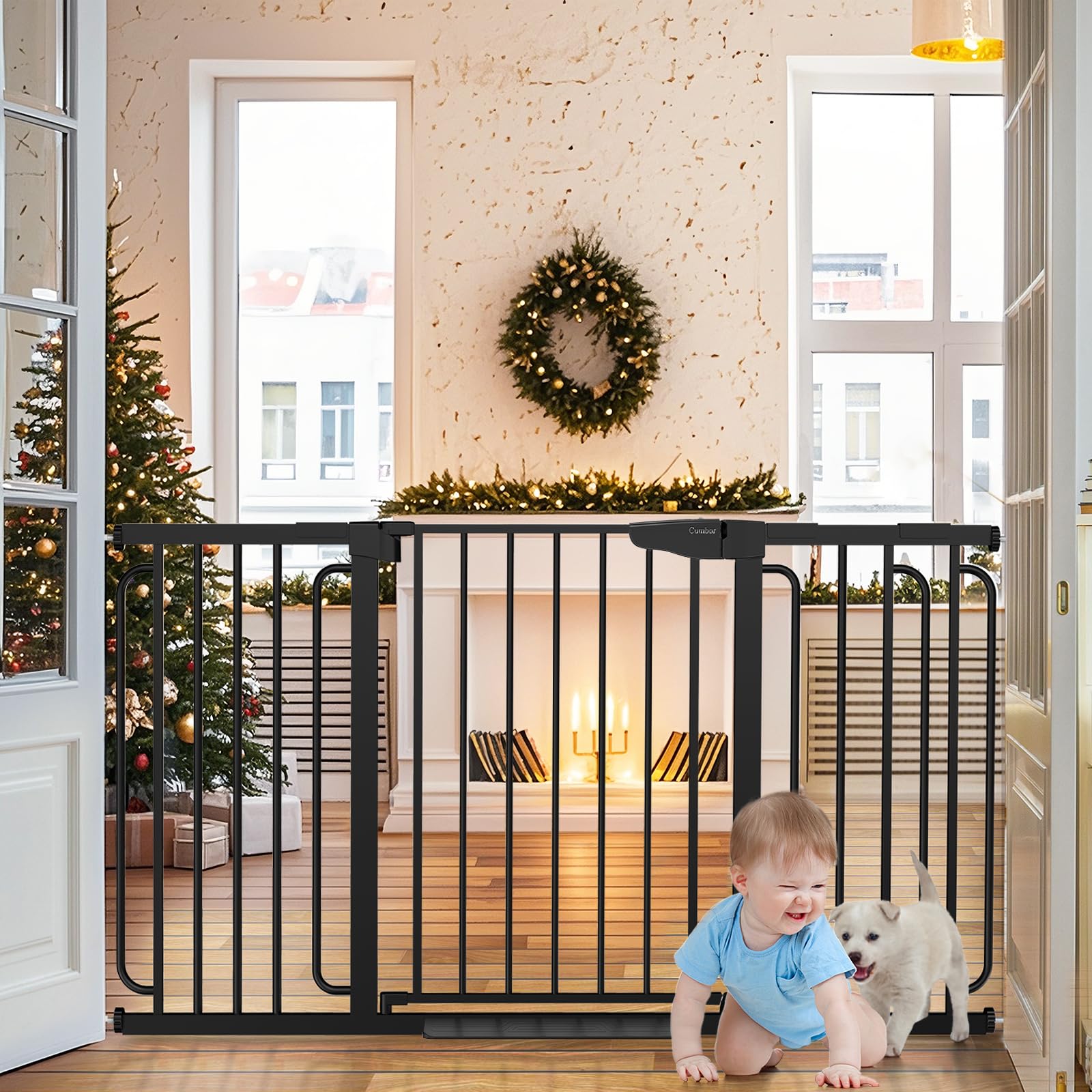 Cumbor 29.7-57gate wide setup demonstrates extended reach for stairs and doorways.