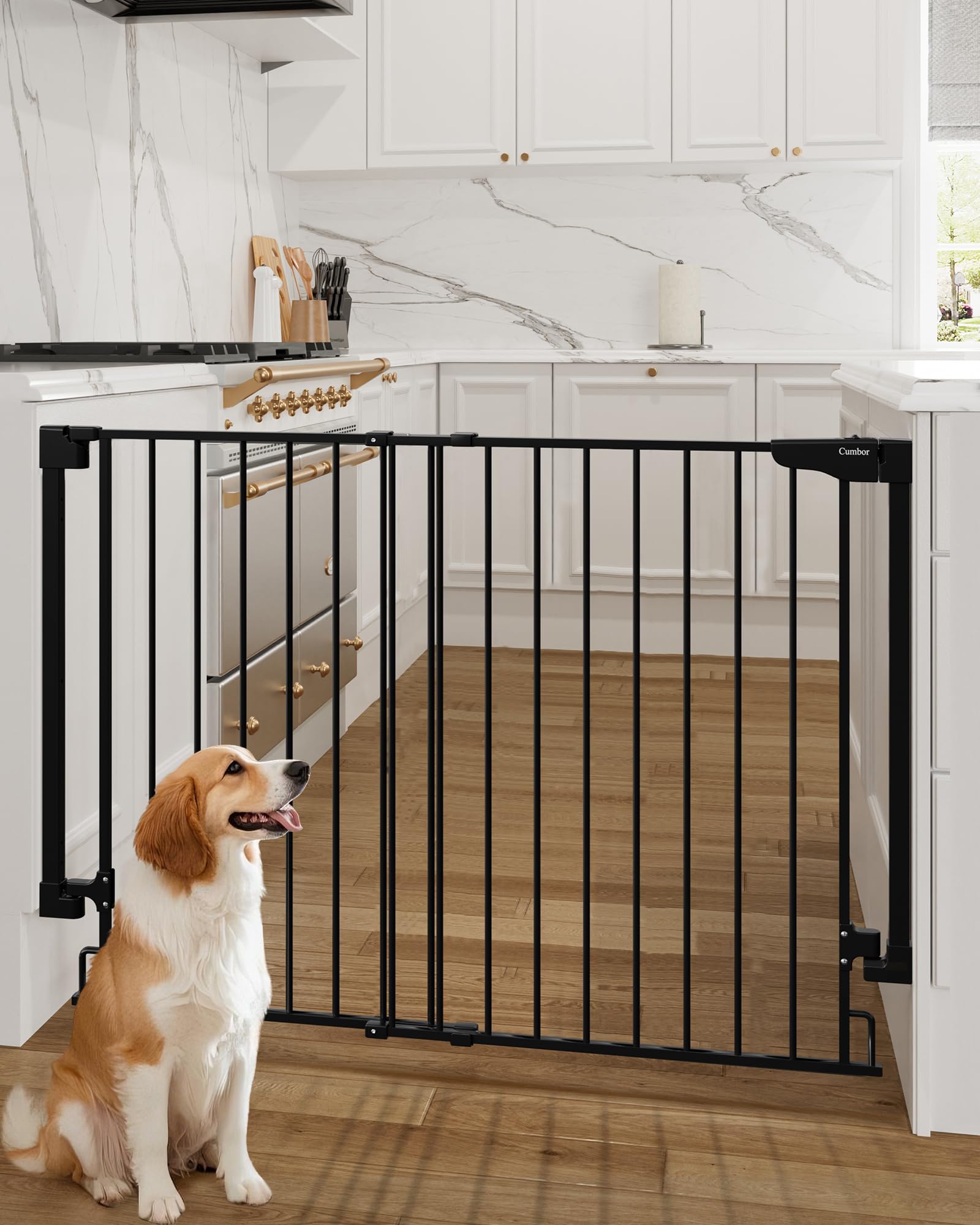 Cumbor 34-inch extra-tall gate installed on stairs showing secure hardware mounting for safety