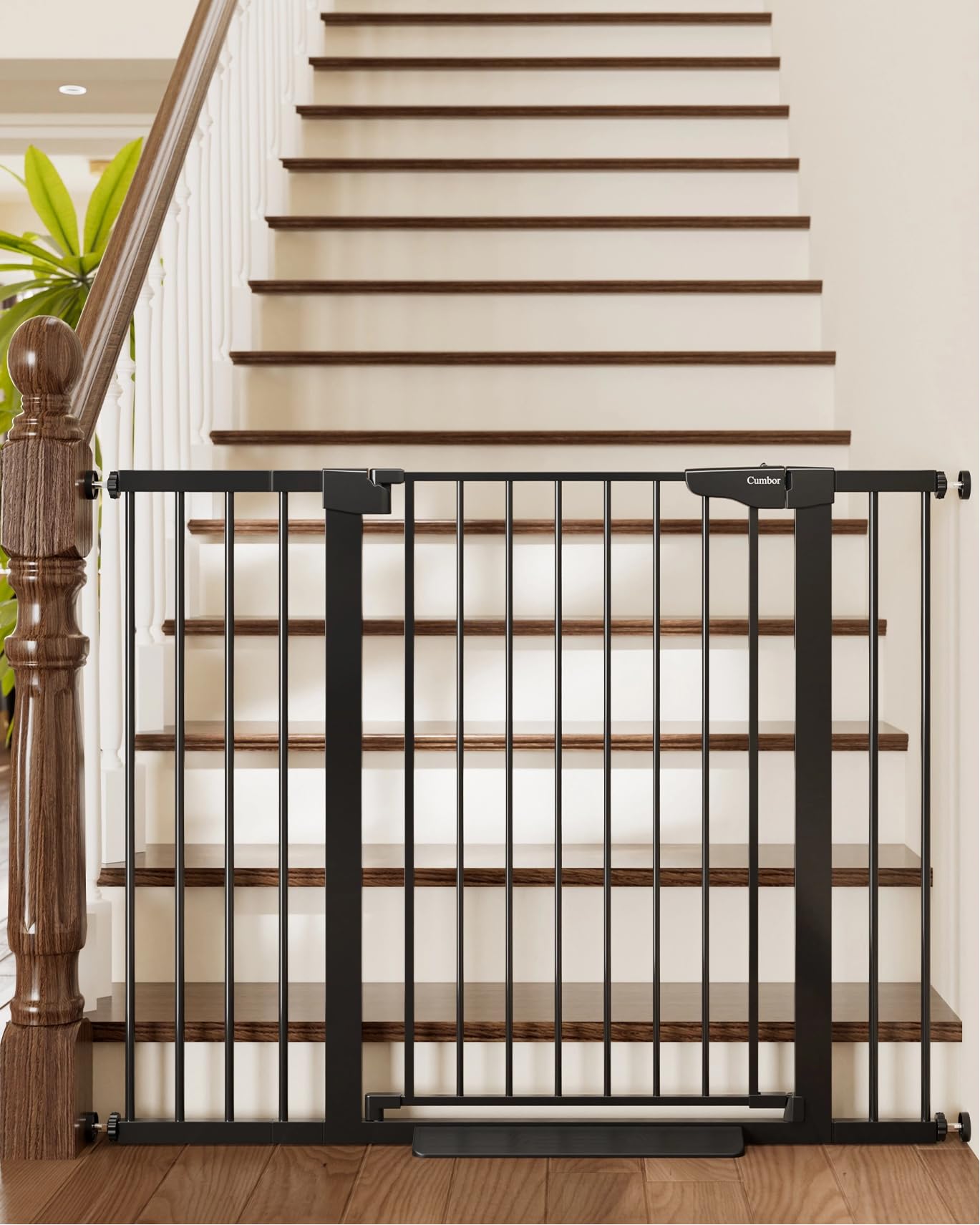 Cumbor 36-inch extra tall gate on stairs provides secure containment for toddlers.