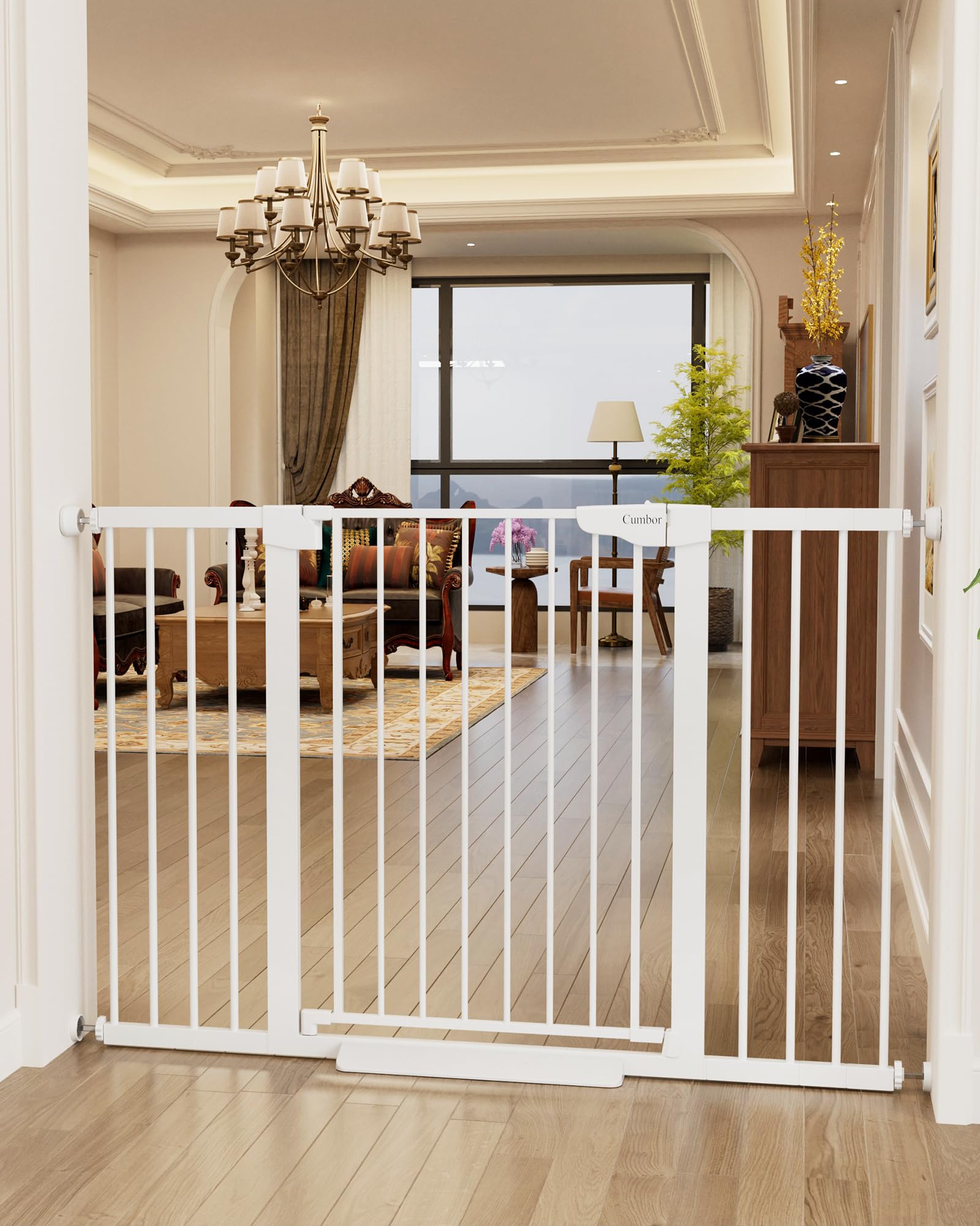 Cumbor 36-inch extra tall gate installed on stairs for safer transitions.