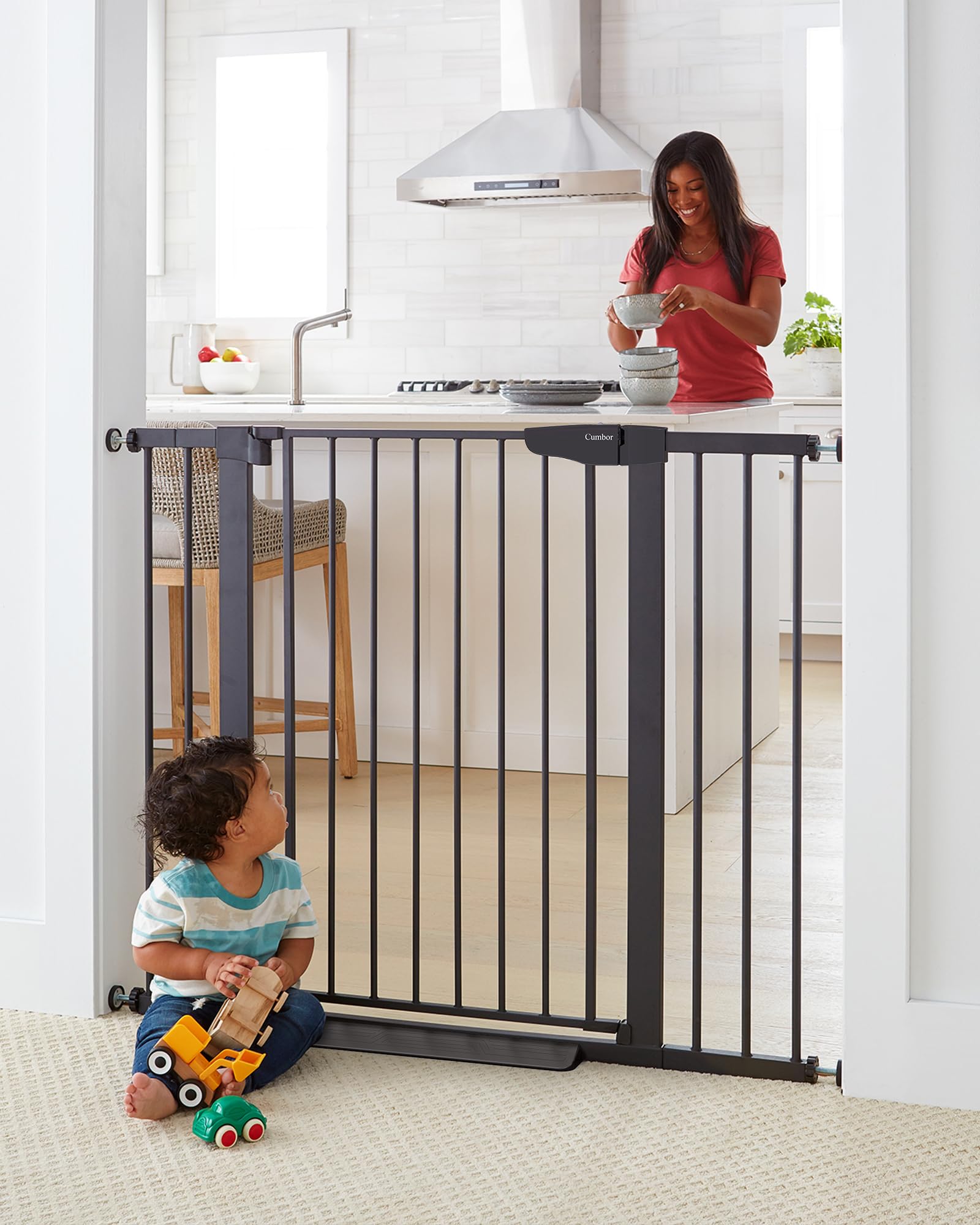 Cumbor 36-inch extra-tall gate protects stairs with tall unobtrusive design