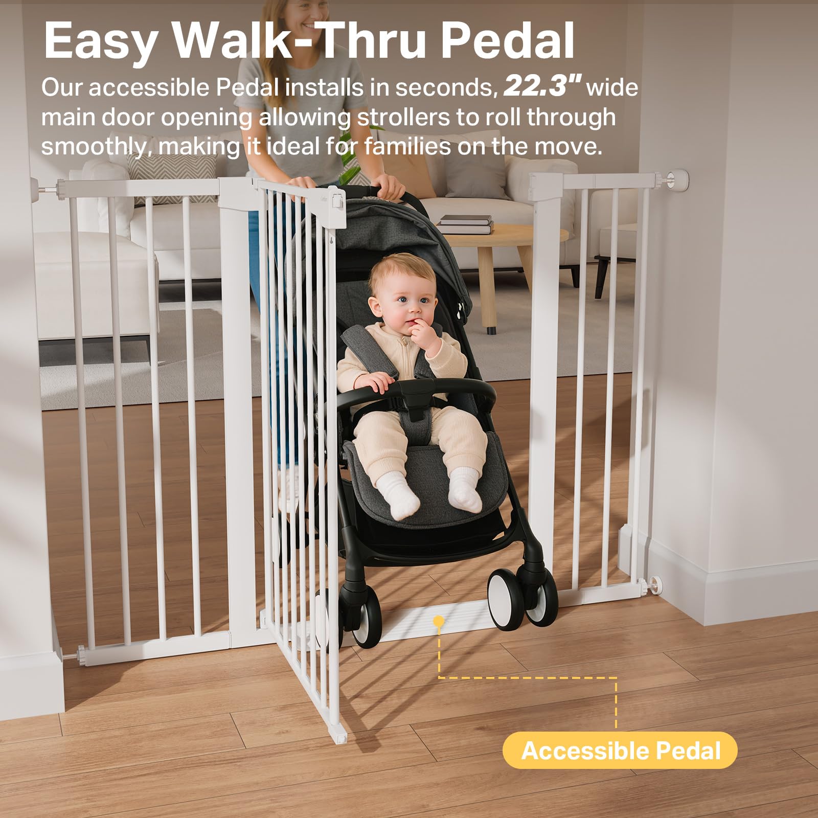 Cumbor 36-inch white gate blends with decor while keeping pets and kids contained.