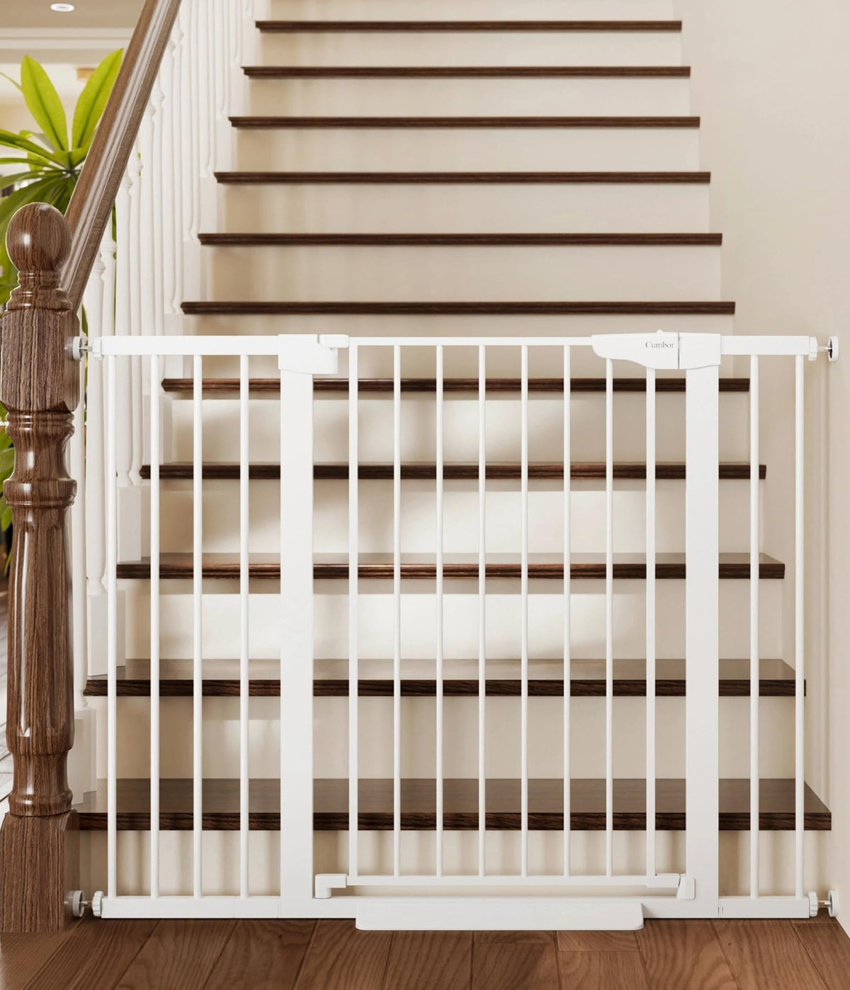 Cumbor 36-inch extra tall gate installed on stairs for safer access.