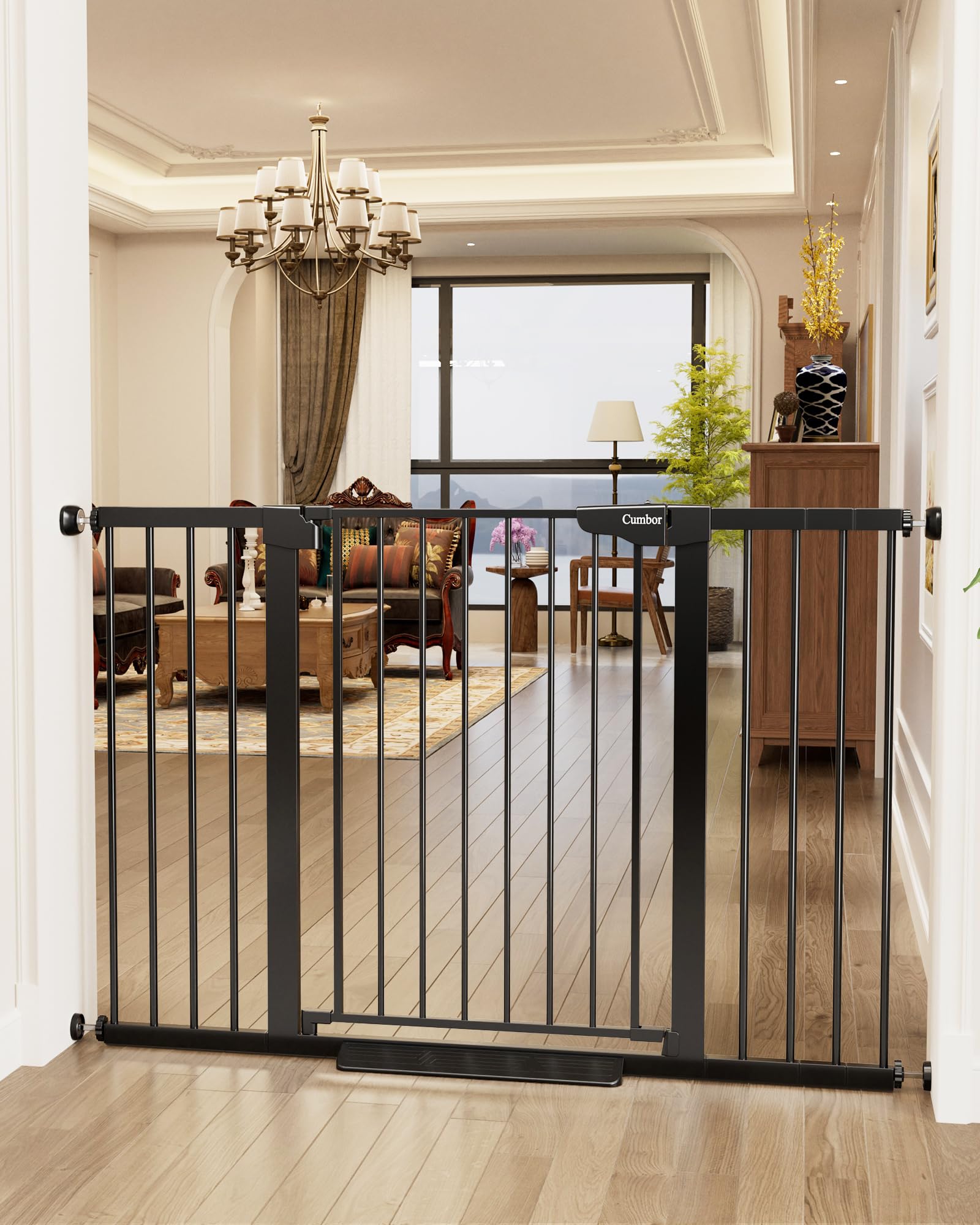 Cumbor 36-inch tall gate on stairs blocks climbs for safety.