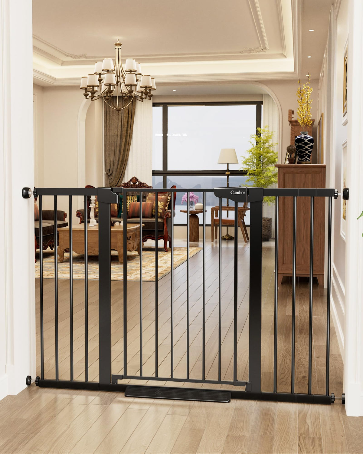 Cumbor 36-inch tall gate on stairs blocks climbs for safety.