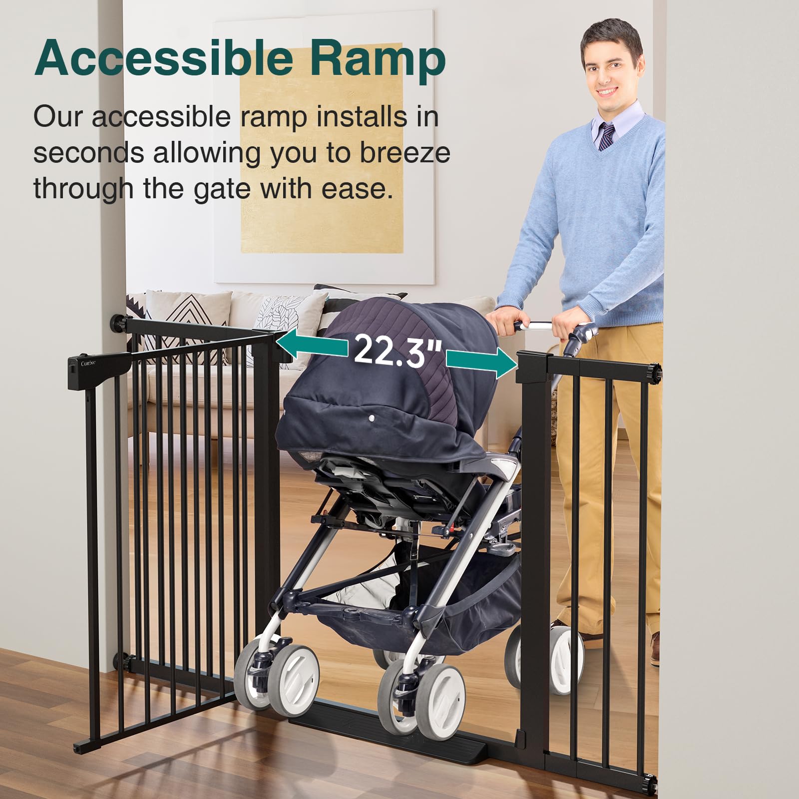 Cumbor auto-close gate in use on doorway for convenient safety