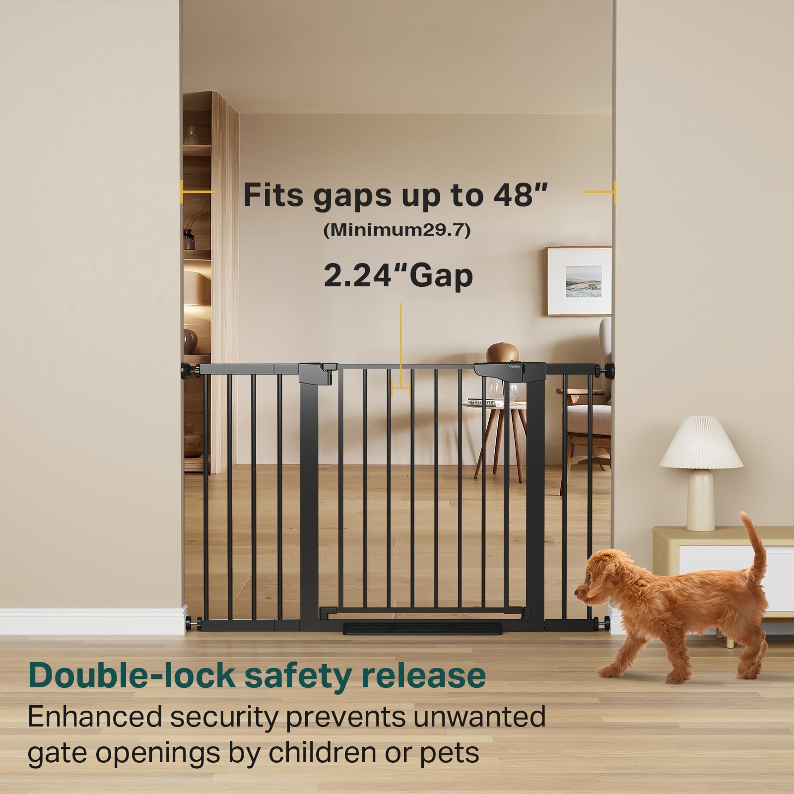 Cumbor auto-close safety gate showing secure closure for pets.