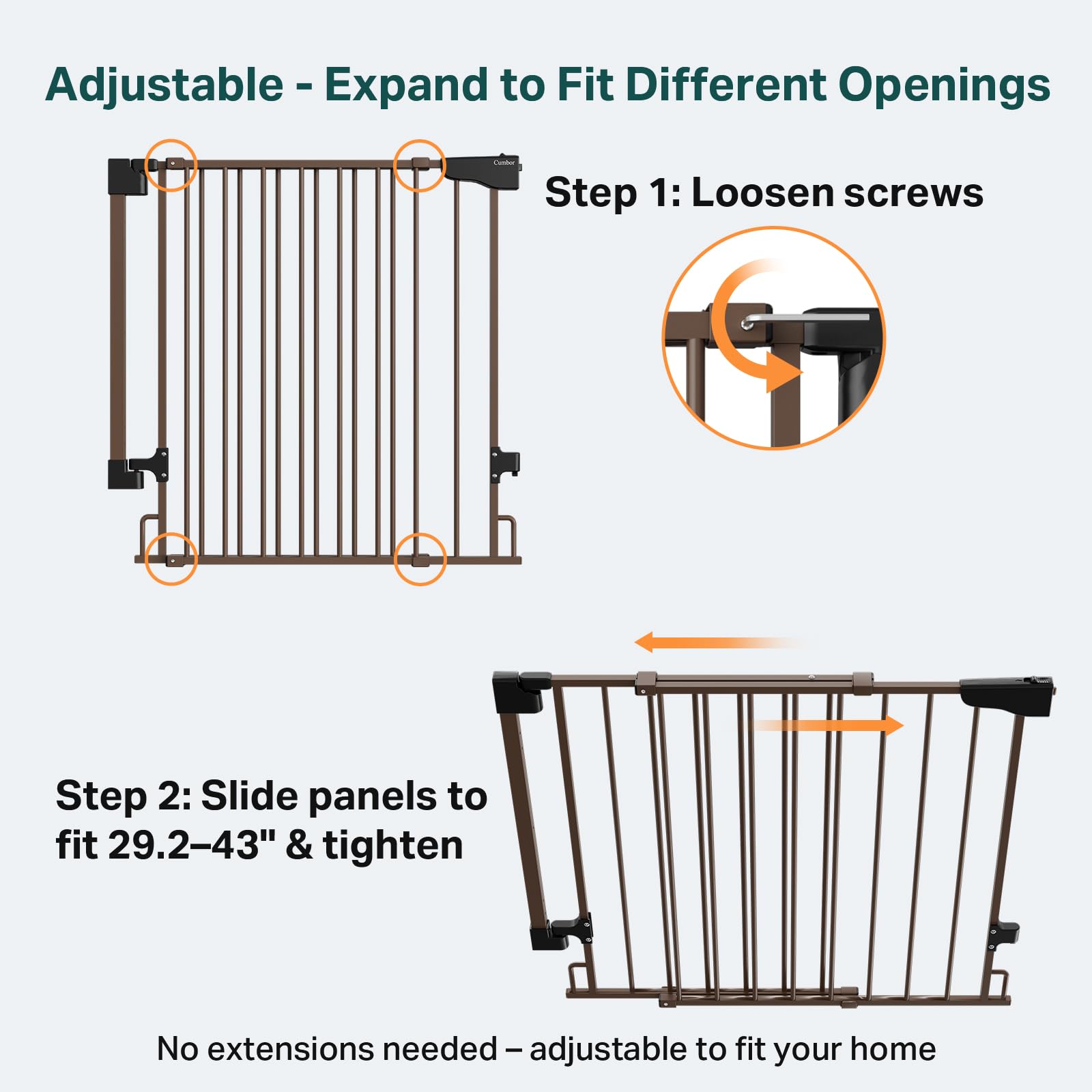 Cumbor baby gate adjustable width 29.2-43in fits varied openings for homes.