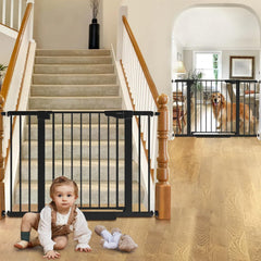 Cumbor baby gate installed in doorway provides easy walk-through for parents.