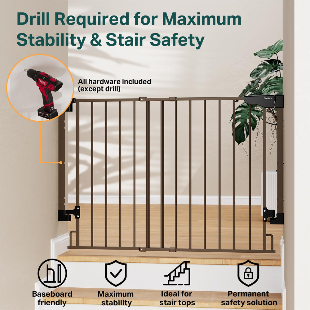 Cumbor baby gate double-lock system adds child-proof security at entry points.
