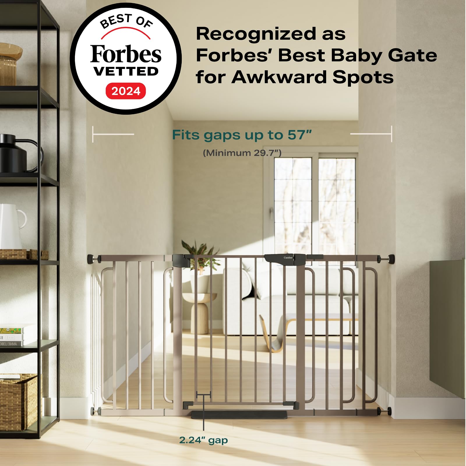 Cumbor baby gate shows 30.5in height, ideal for keeping toddlers safely contained.