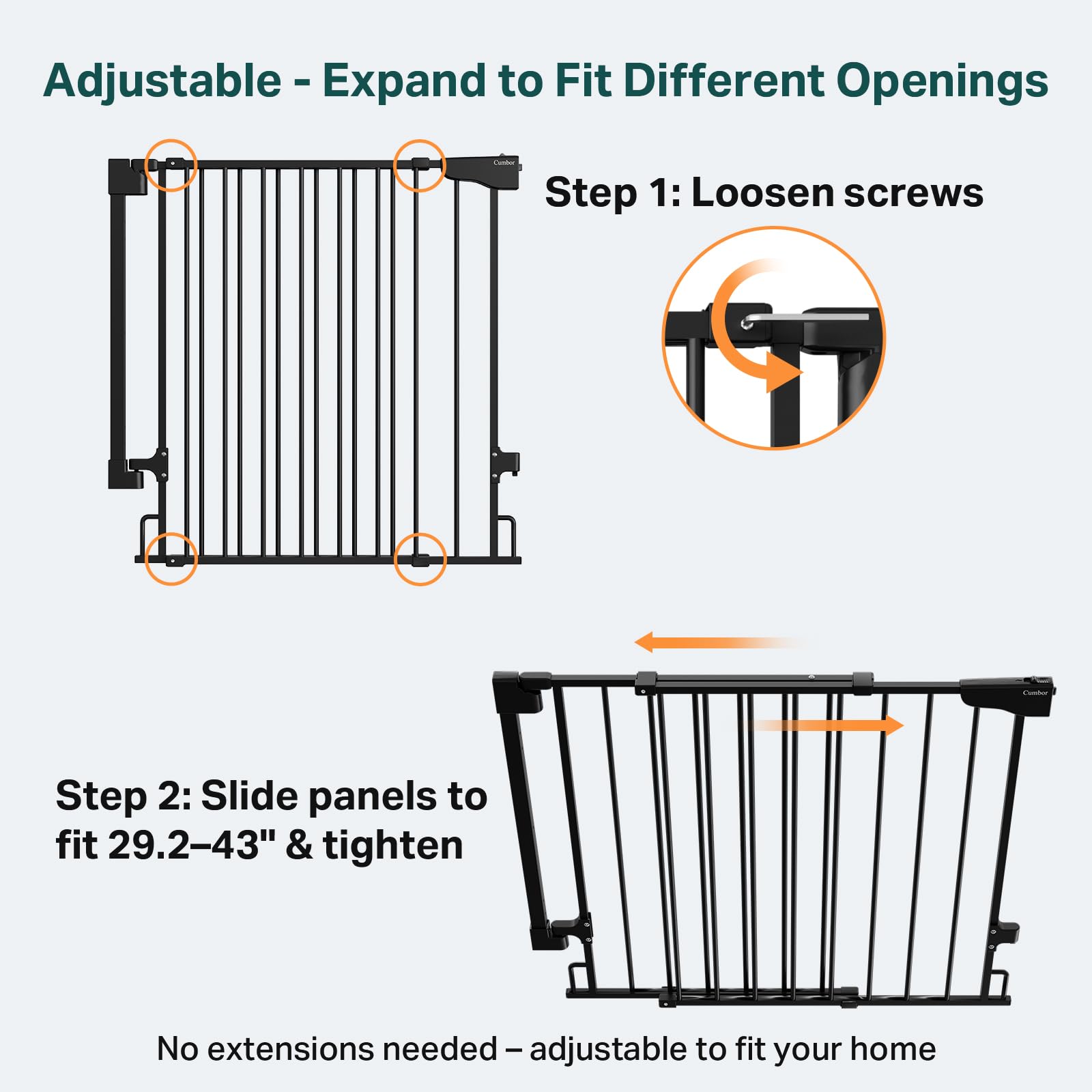 Cumbor baby gate no-bottom-bar walk-through for easy access