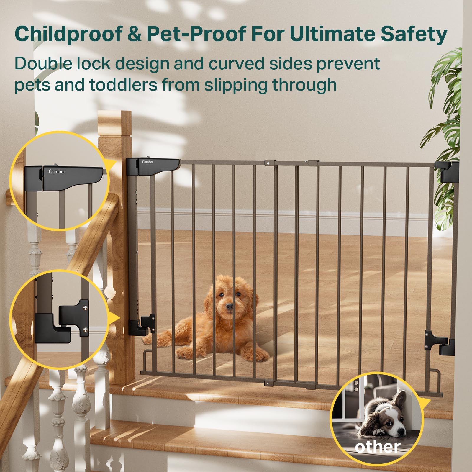 Cumbor baby gate no bottom bar enables seamless walk-through in busy households.