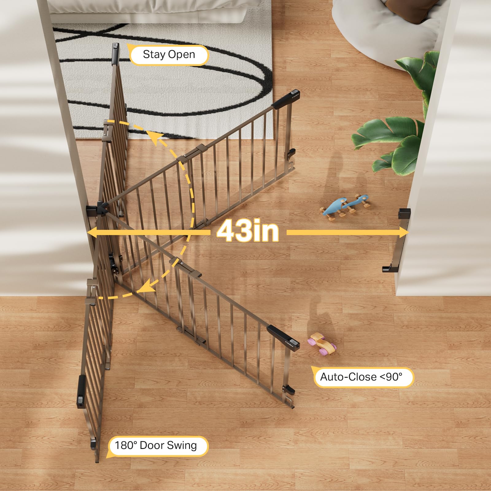 Cumbor baby gate one-handed operation supports quick passage with a child in arms.