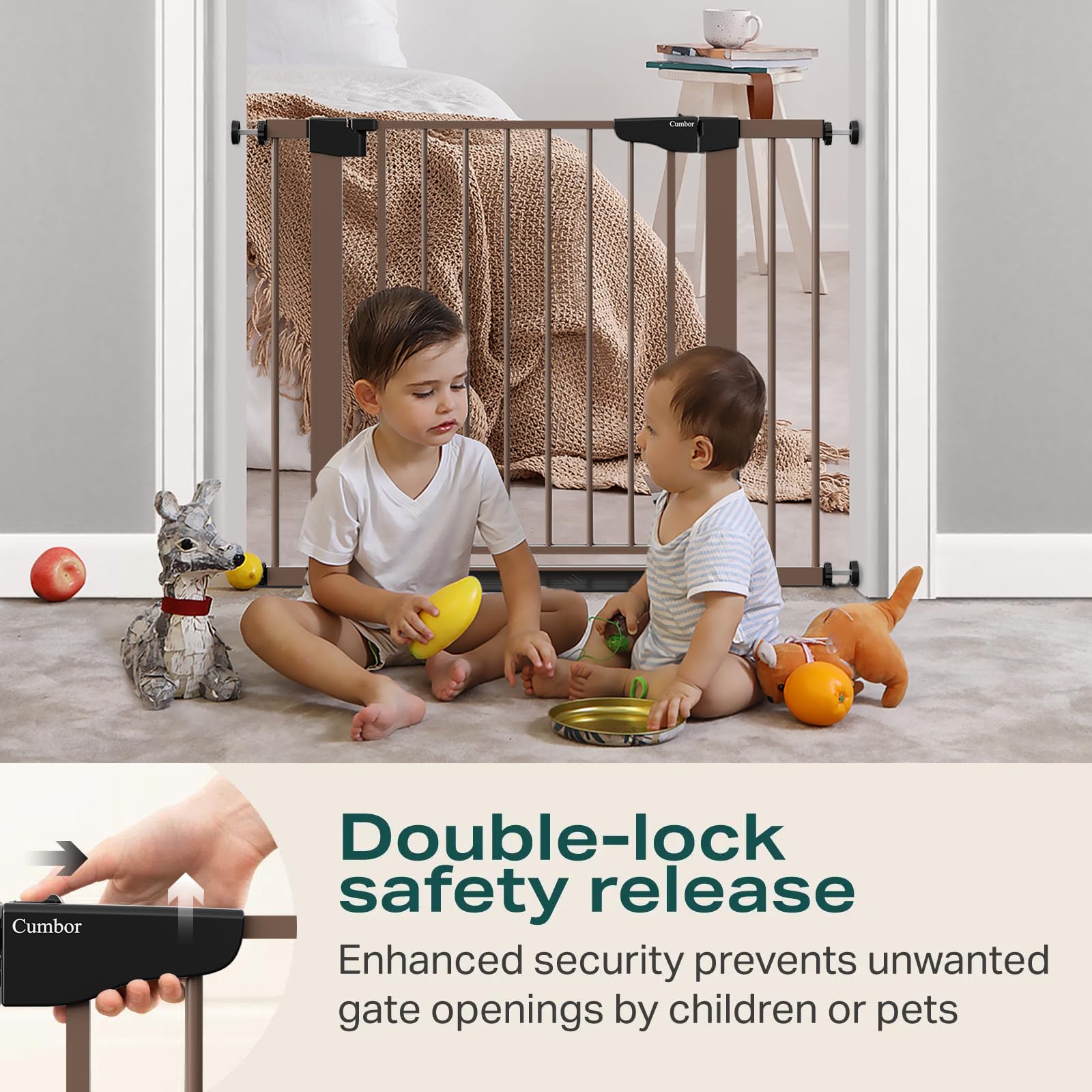 Cumbor pressure-mount installation offers tool-free doorway setup.