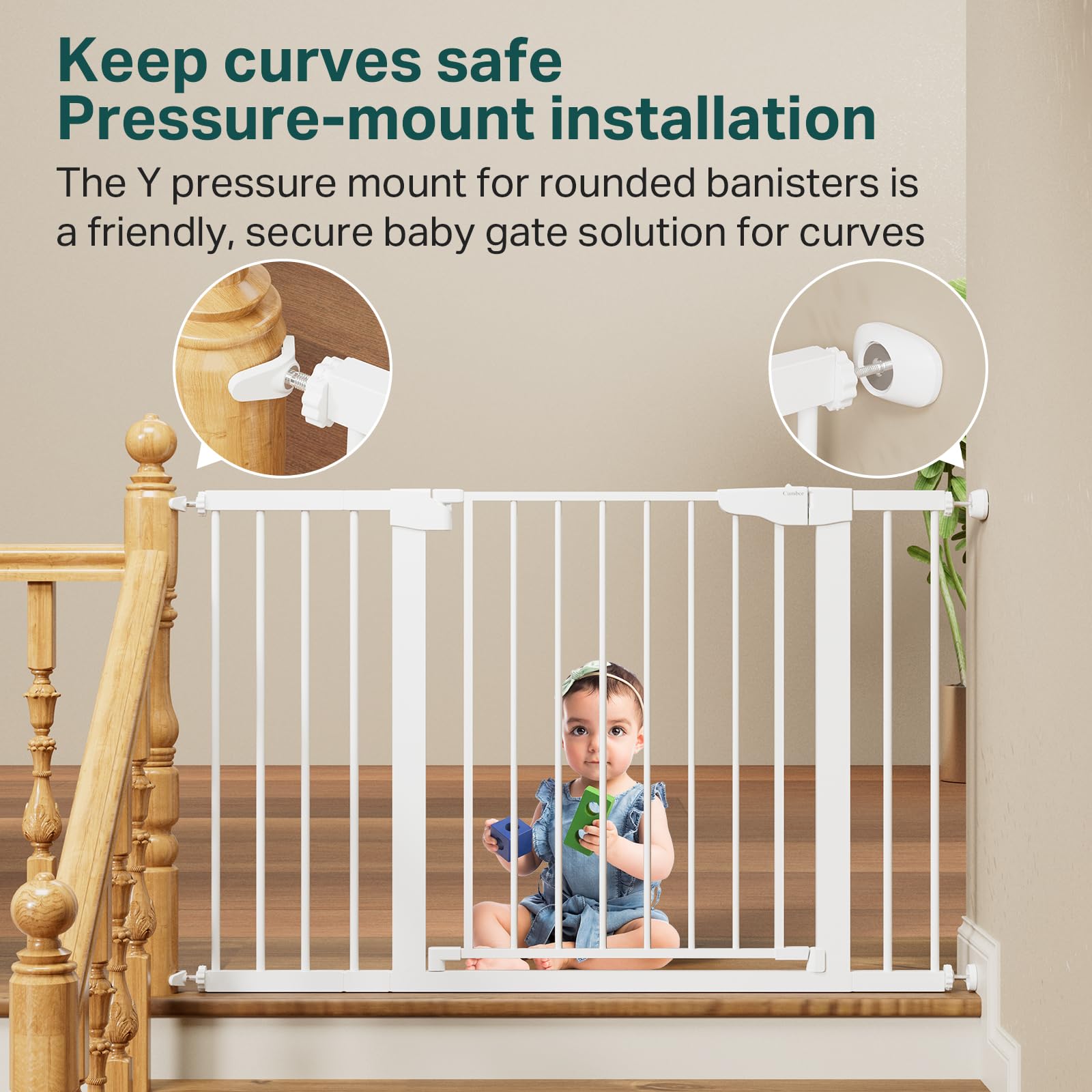 Cumbor pressure-mount setup offers tool-free installation for doorways and hallways.