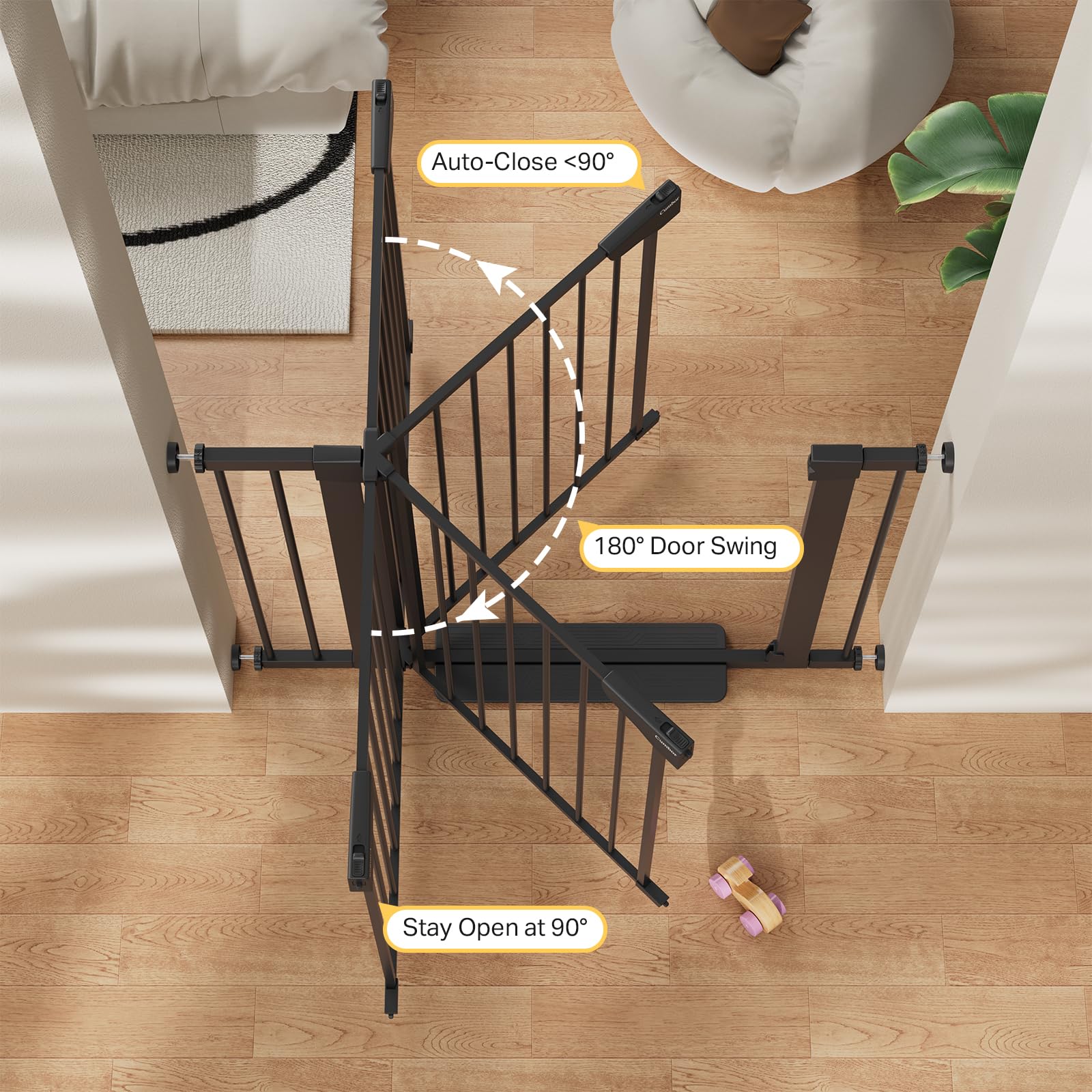Cumbor baby gate pressure-mount demonstrates tool-free installation in doorways.