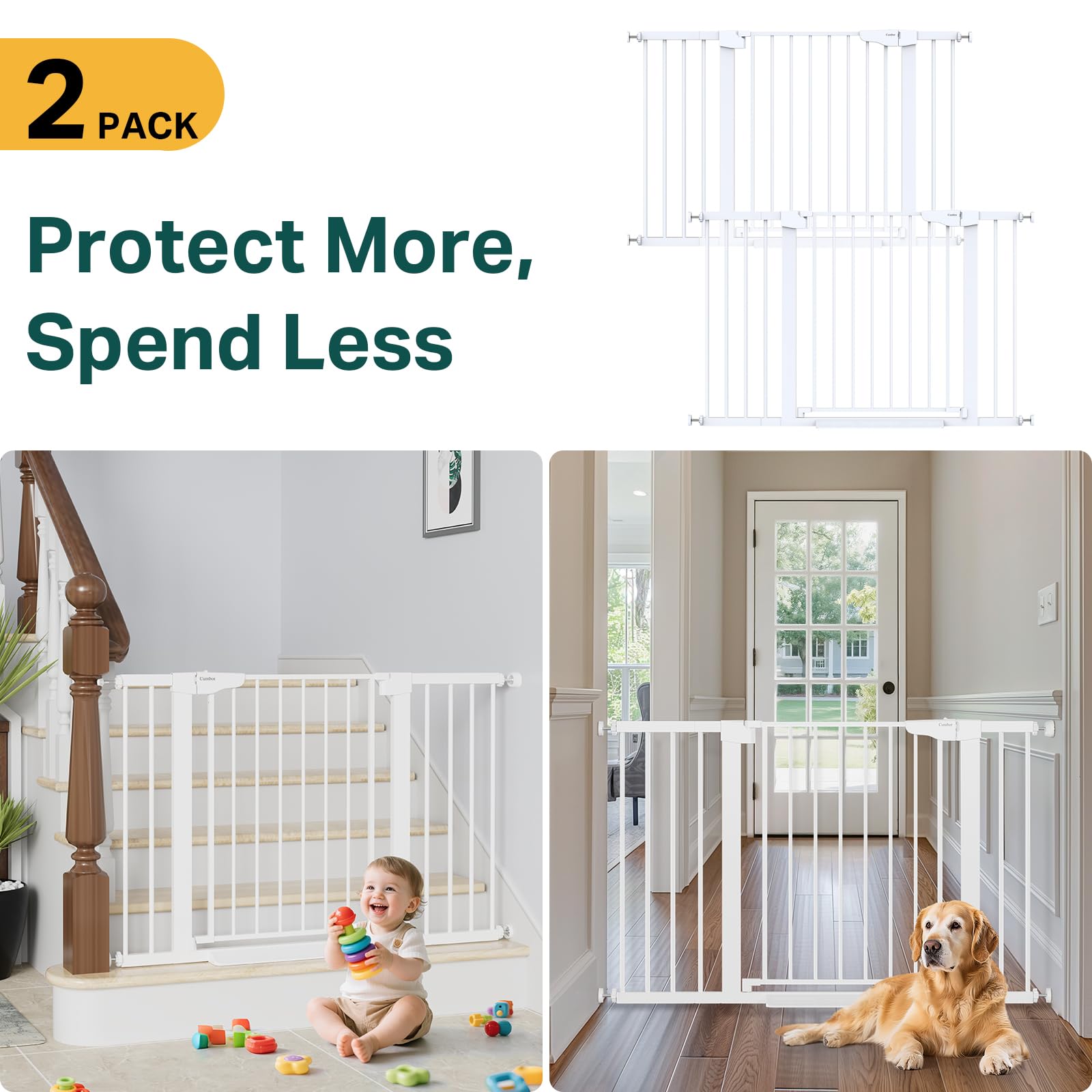 Cumbor baby gate on stair rail with Y-shaped bolts secures stairs without drilling.