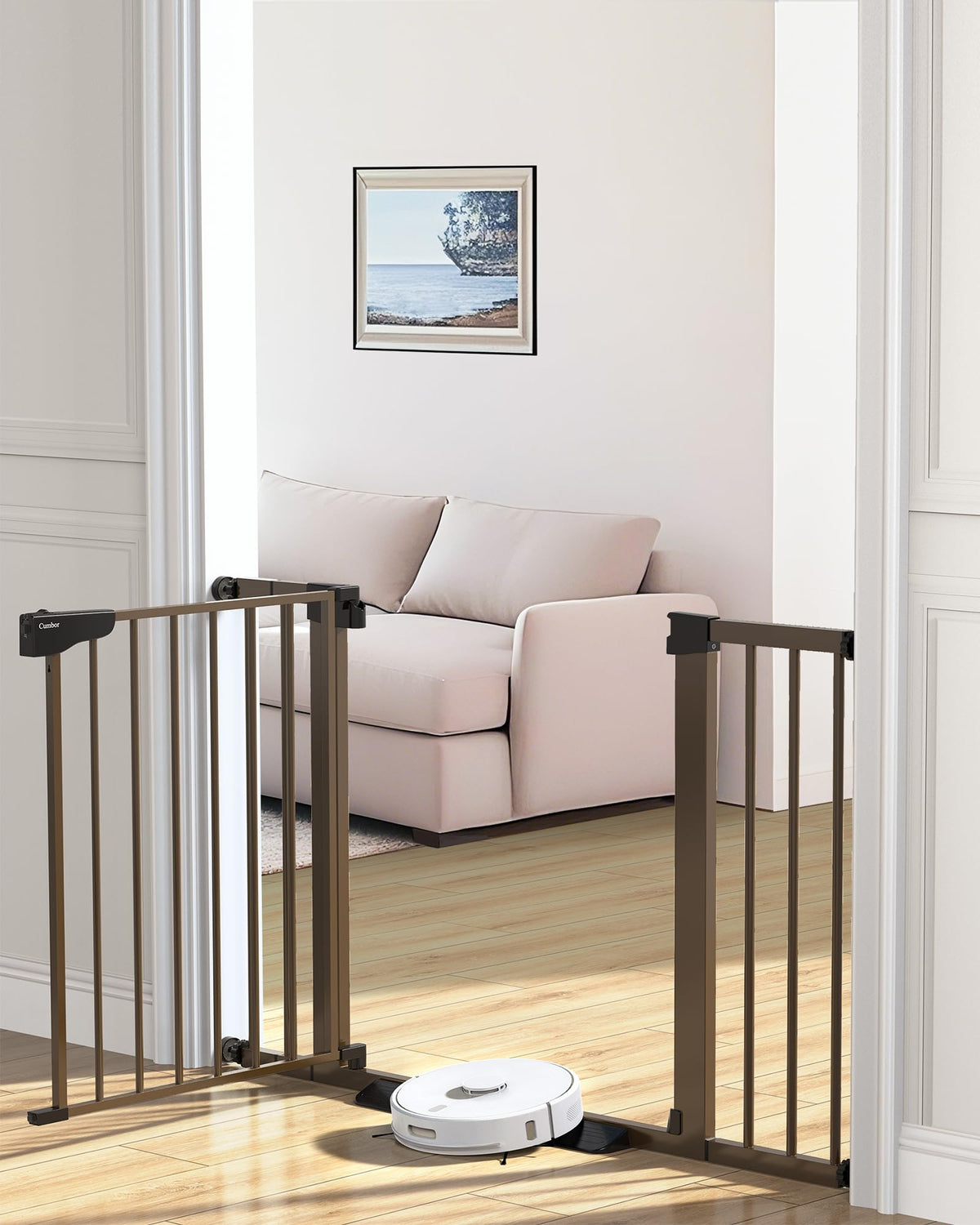 Cumbor baby gate stairs assembly demonstrates sturdy setup for safe stair navigation.