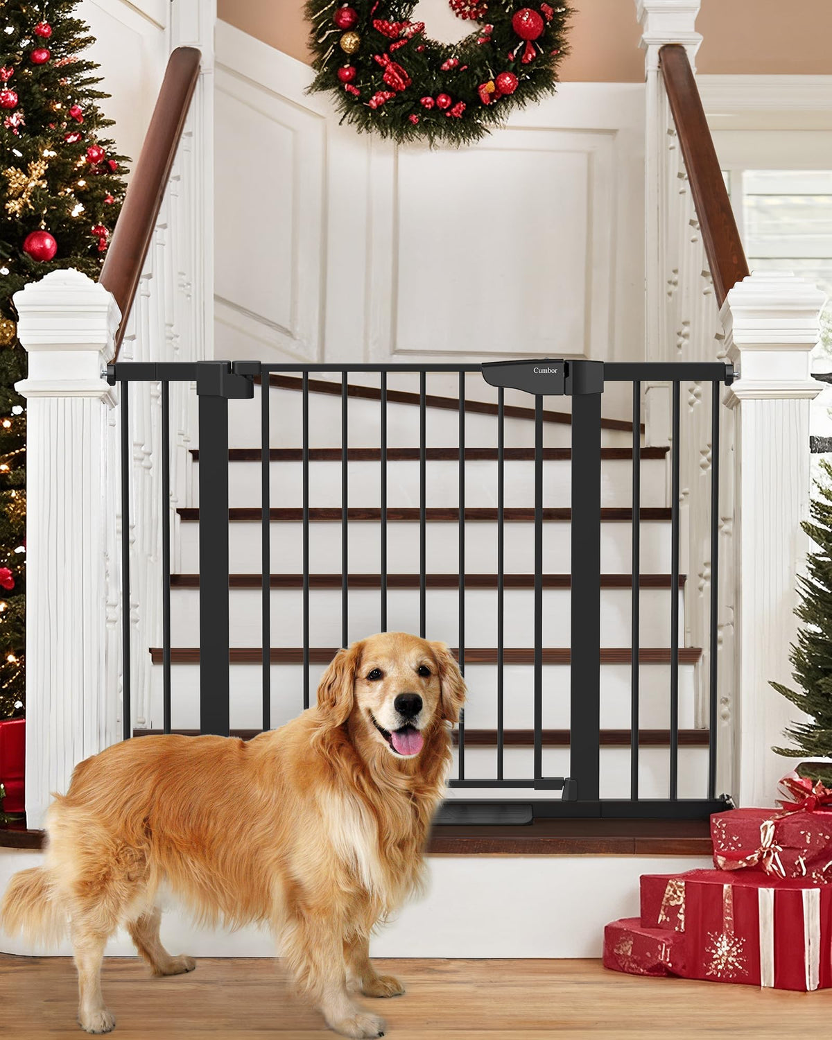 Cumbor baby gate on stairs with auto-close for safe stair access