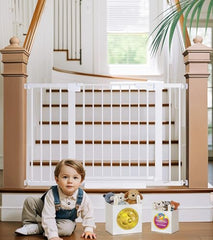 Cumbor baby gate on stairs shows dual-lock latch for added child safety.
