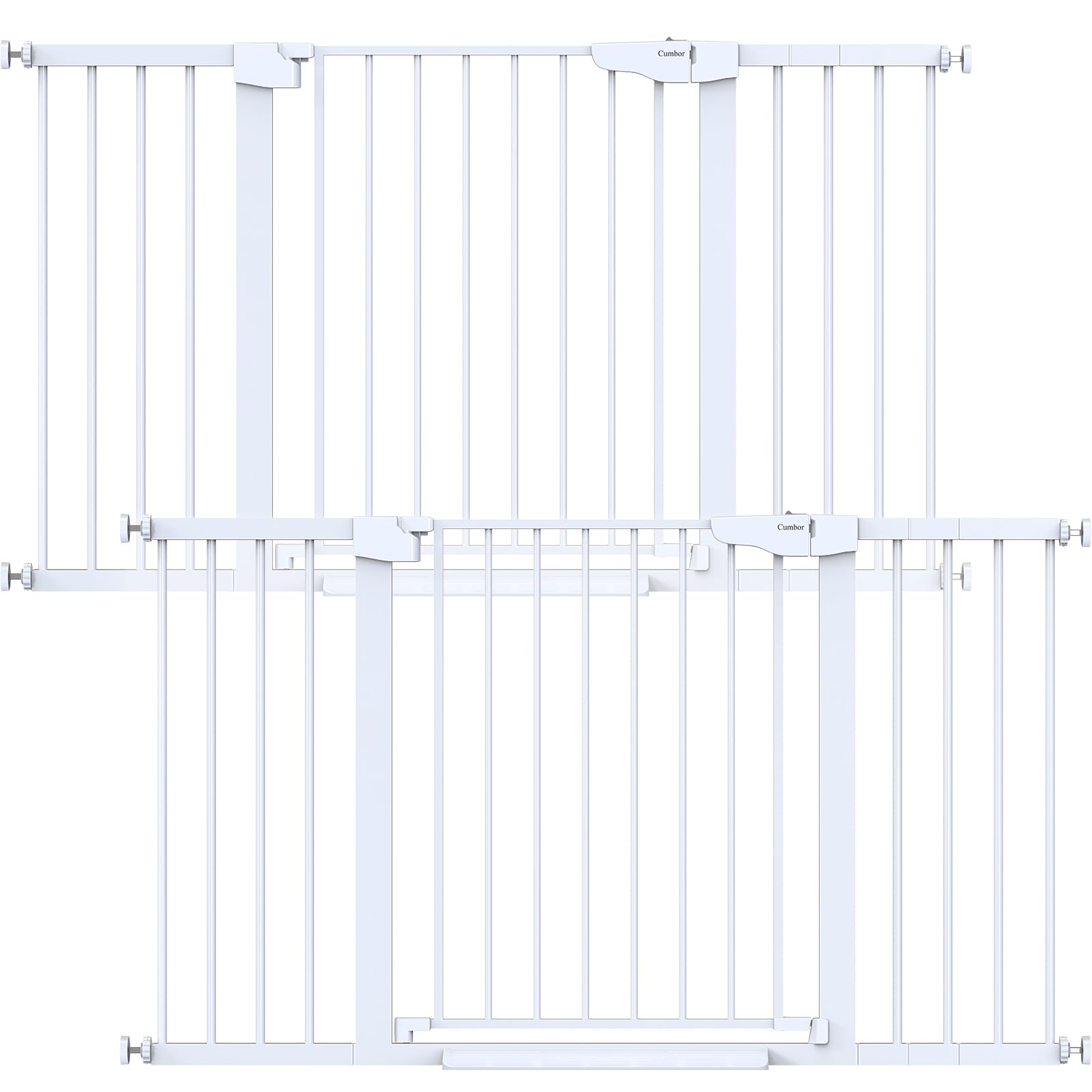 Cumbor baby gate on stairs, closed position enhances stair safety.