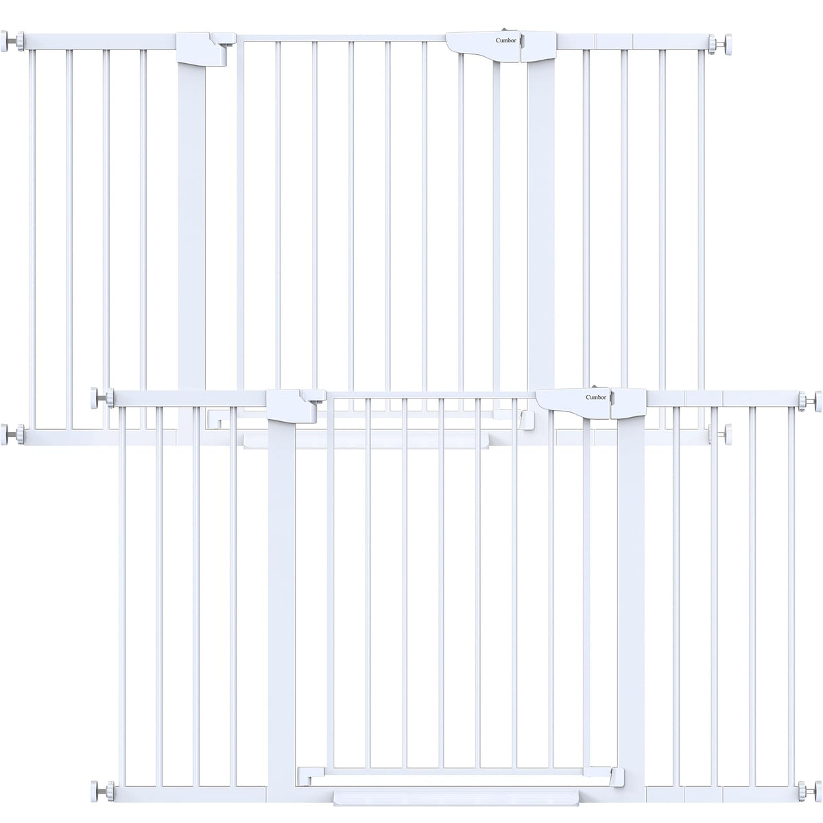 Cumbor baby gate on stairs, closed position enhances stair safety.