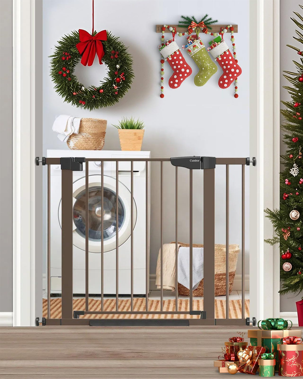 Cumbor baby gate on stairs ensures safe stair access control.