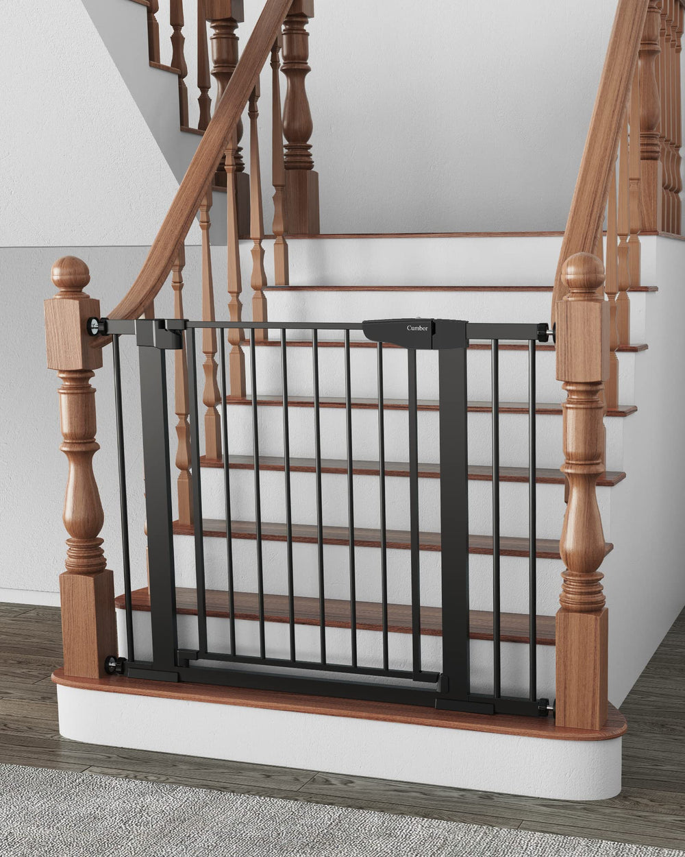 Cumbor baby gate on stairs setup showcases secure containment and easy access for busy households.