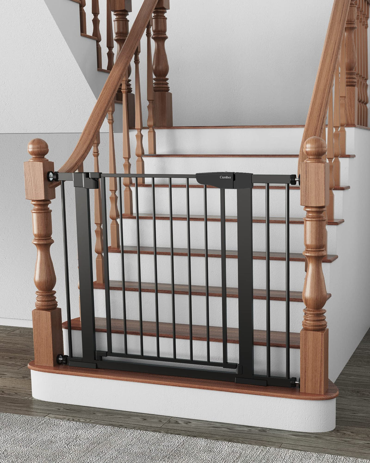 Cumbor baby gate on stairs setup showcases secure containment and easy access for busy households.
