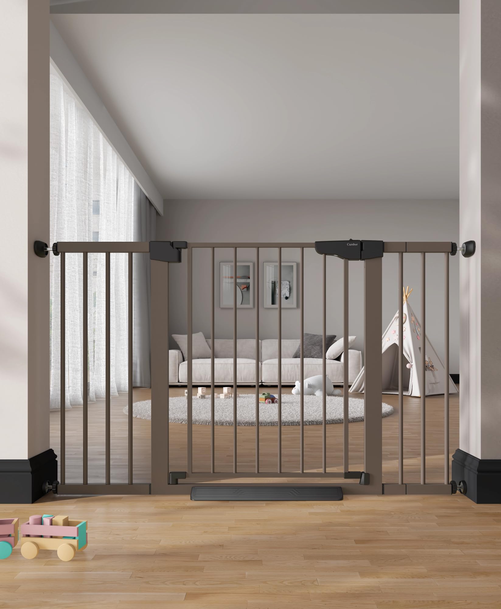 Cumbor baby gate stairs-top-install shows a secure barrier at stair tops for busy households.