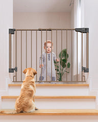 Cumbor baby gate on top stairs brown provides secure stair safety.