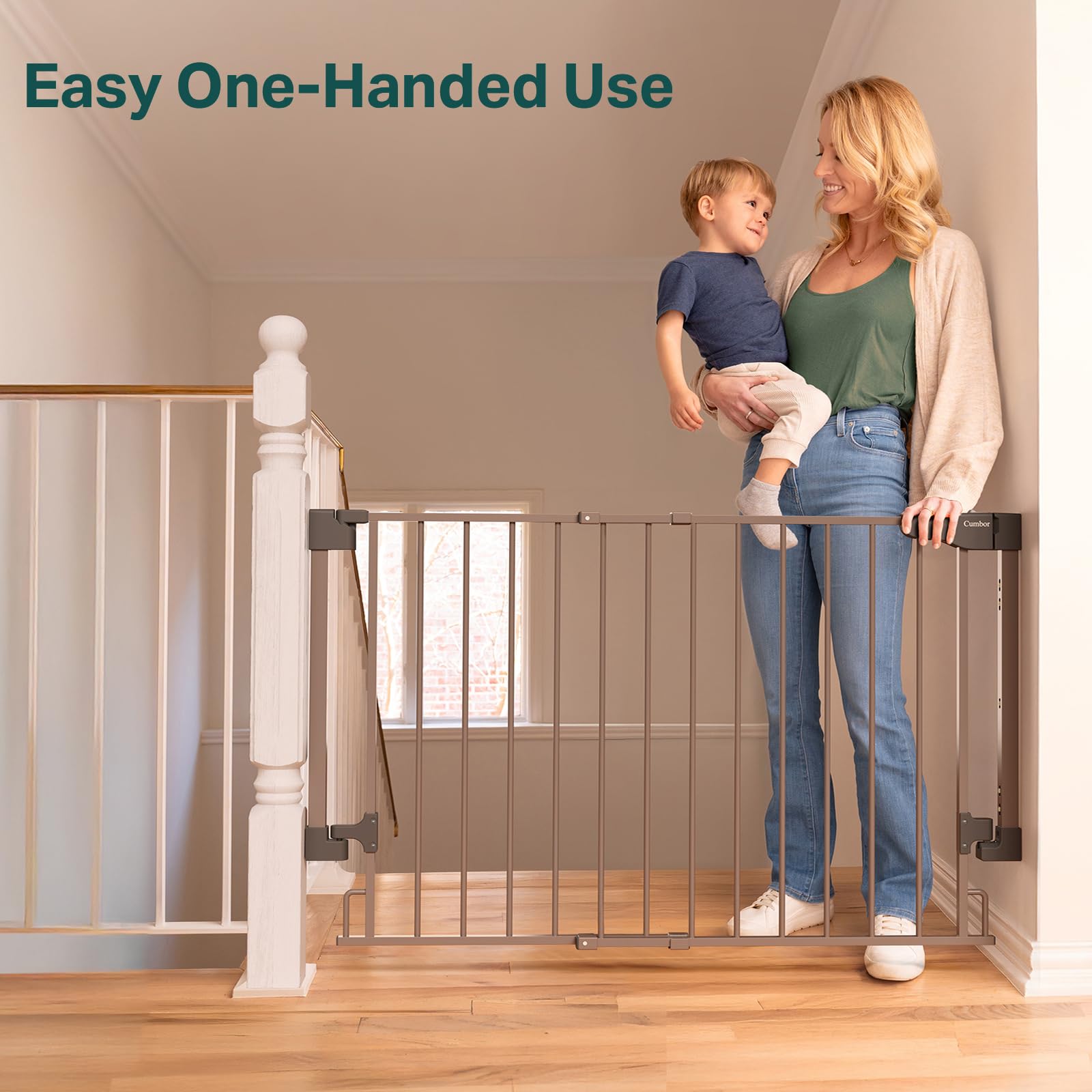 Cumbor baby gate wide walk-through accommodates strollers and pets with ease.