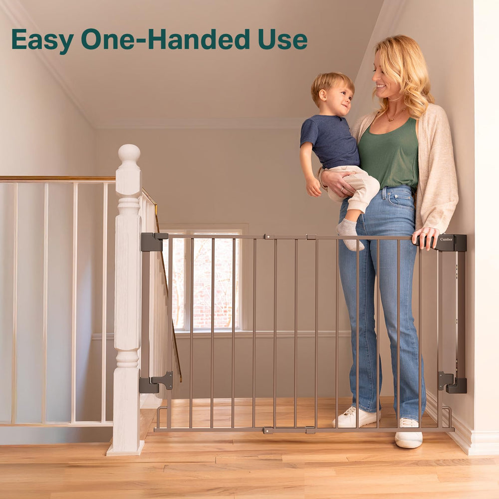 Cumbor baby gate wide walk-through accommodates strollers and pets with ease.