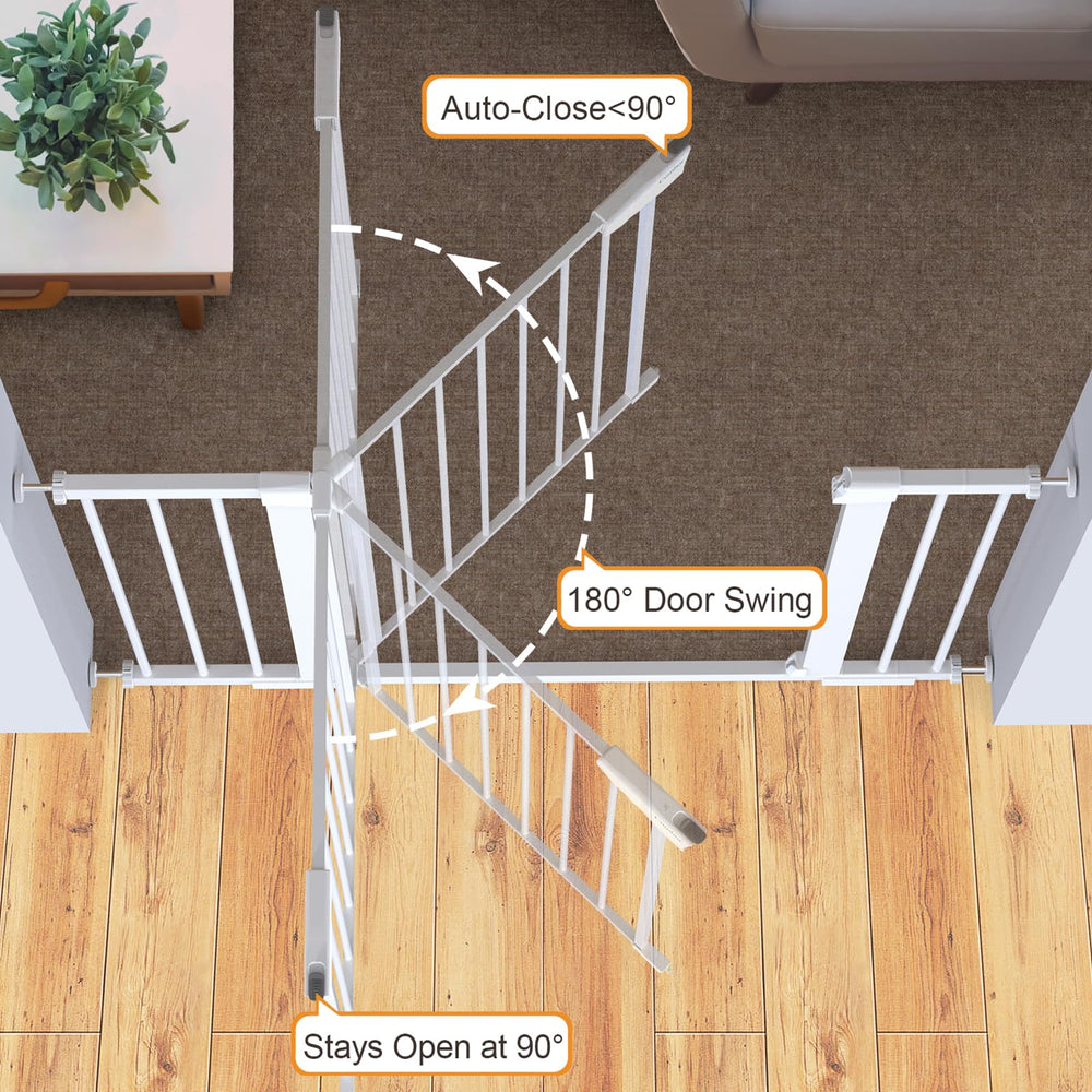 Cumbor baby gate walk-through design enables easy pass while holding a child