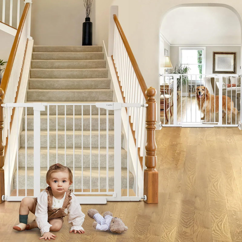 Cumbor baby gate walk-through design in action for convenient passage while carrying a baby.