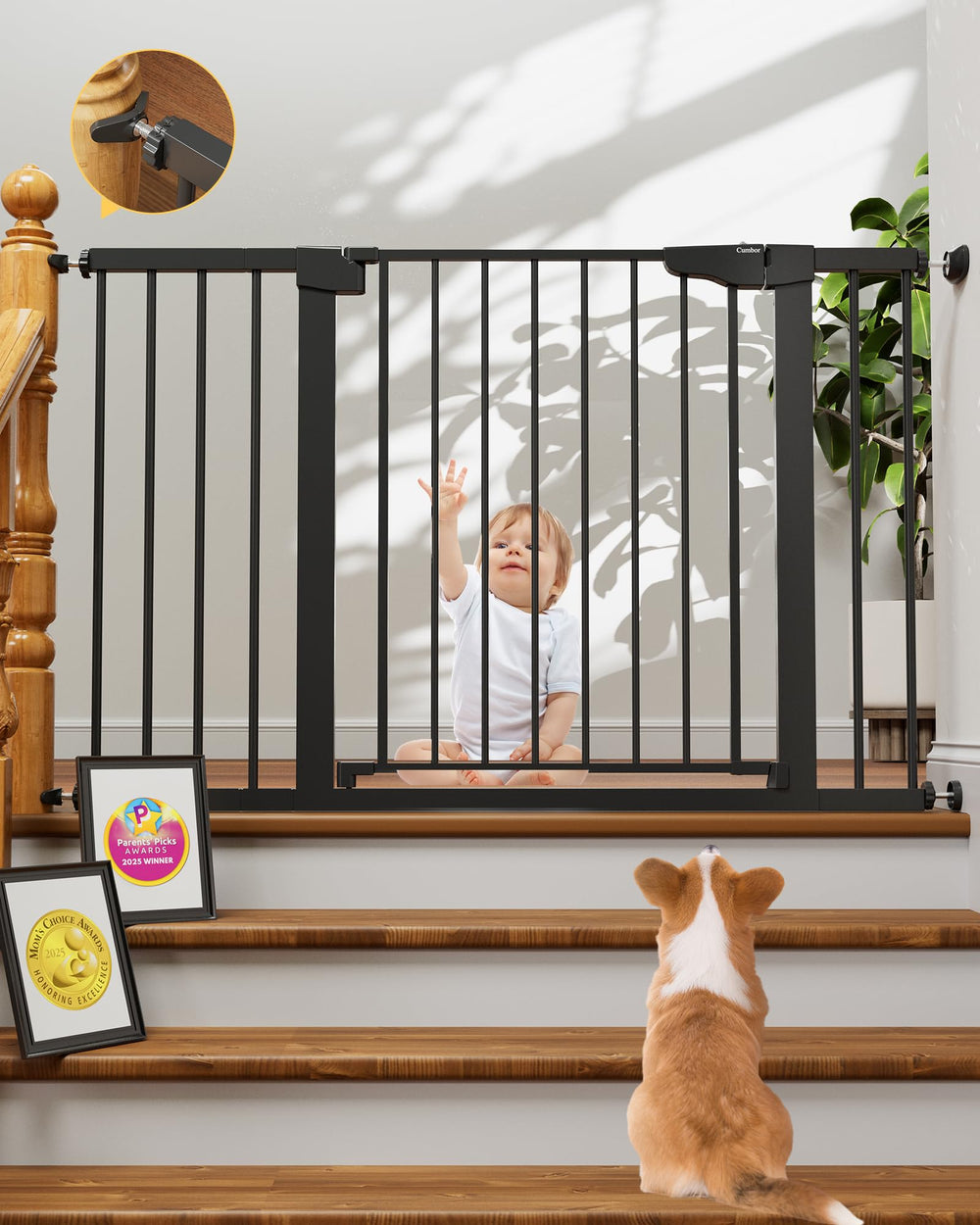 Cumbor baby gate walkthrough door detail with wide passage for strollers and family access.