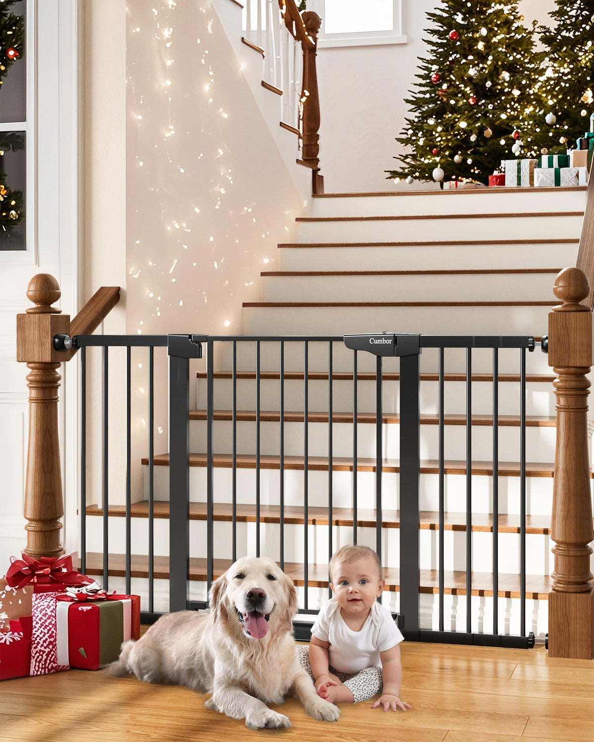 Cumbor baby gate wide-coverage on stairs offers safe access control for kids and pets.