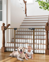 Cumbor baby gate wide-stairs brown blocks stair access for safe play and quick containment.