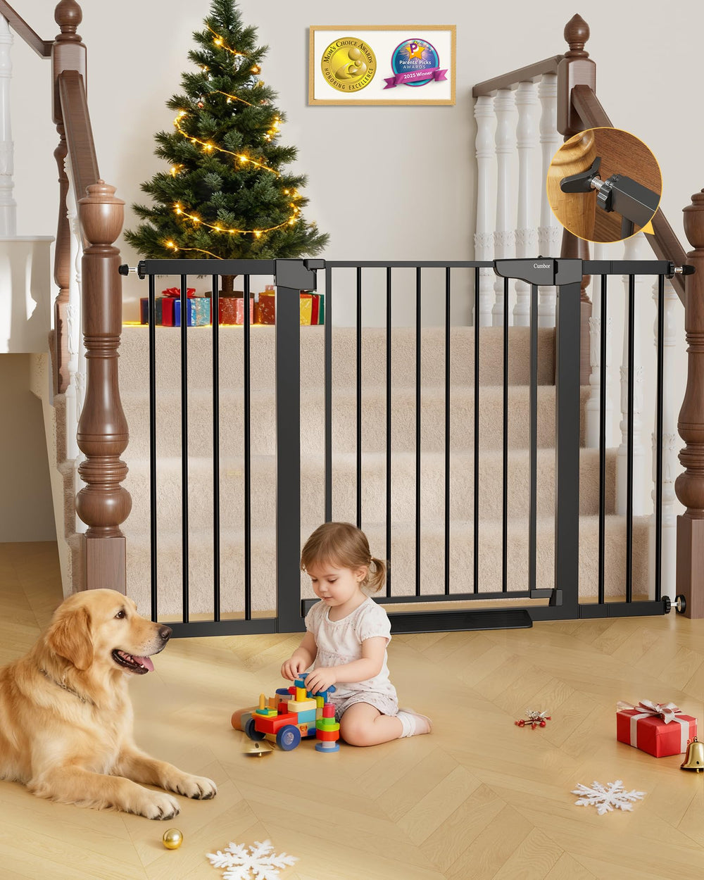 Cumbor baby gate wide-open stair view demonstrates easy passage for strollers