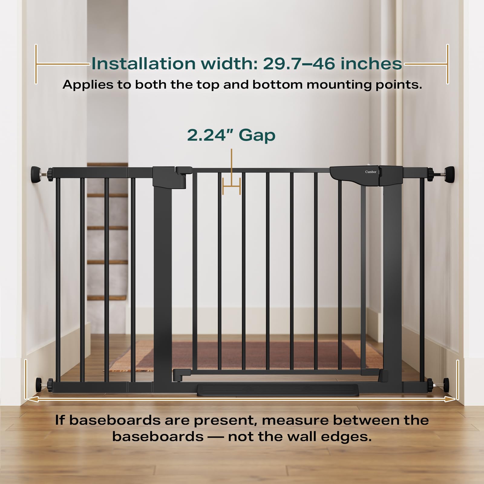 Cumbor gate shows wide-width adjustment to fit 29.7-46 inches securely