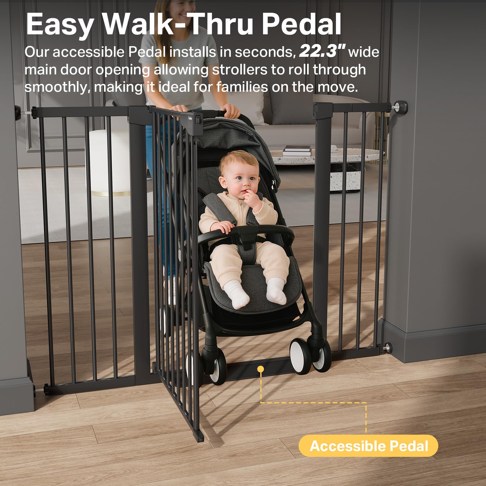 Cumbor black extra-wide gate blends with modern interiors and improves safety.
